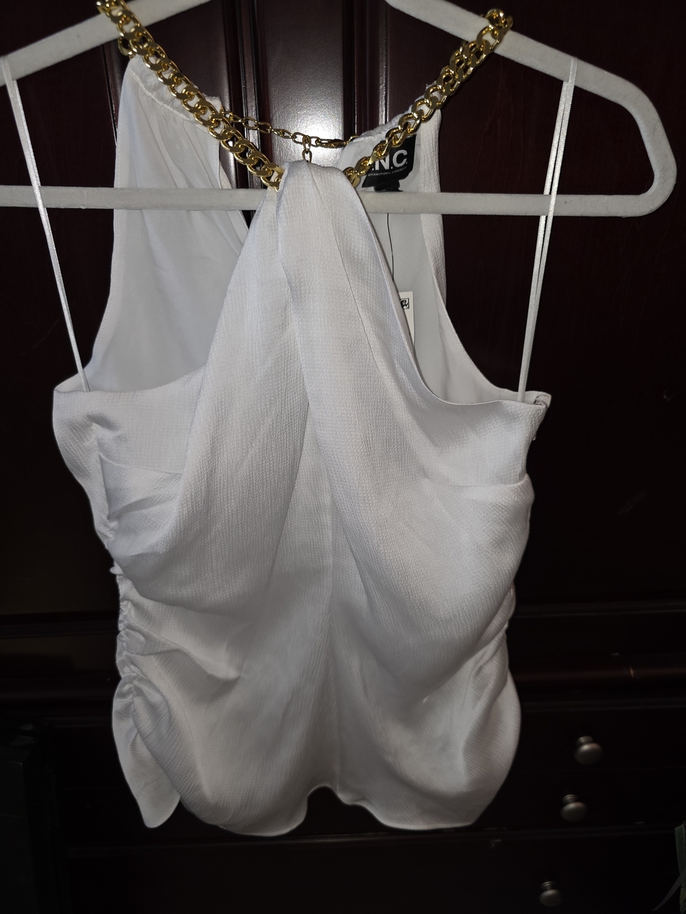NWT INC White Sleeveless Top with Gold Chain Detail Side Zip And Rouchinh Sz S